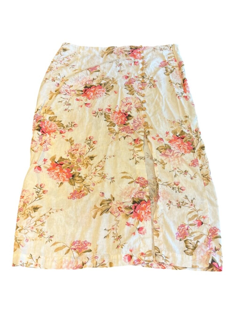 MNG Linen Maxi Skirt Size 14 Floral Faux Buttons Side Zip 16" Slit No Stretch